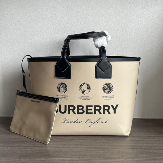 Burberry Label Print Cotton Medium London Tote Bag in beige and black, featuring leather trim and contrast stitching