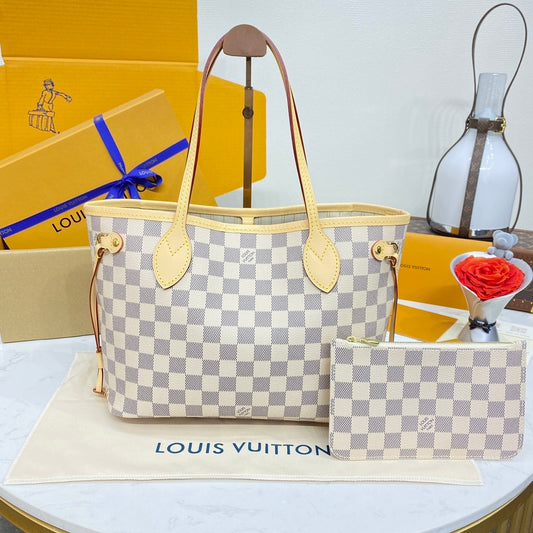 Louis Vuitton Neverfull PM Tote – Damier Azur Canvas with Cowhide Trim