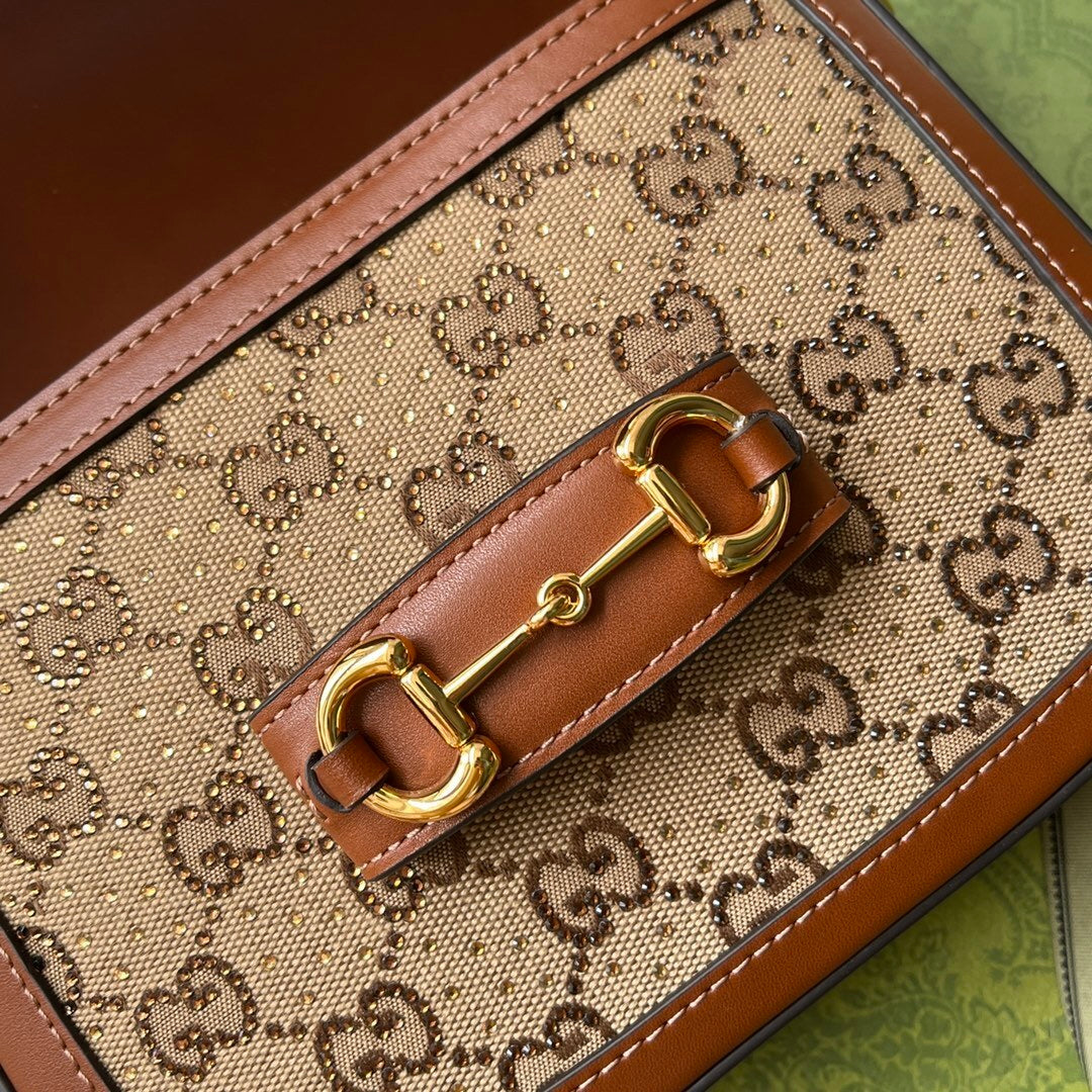 Gucci Horsebit 1955 Mini Shoulder Bag in Beige & Brown GG Supreme Canvas