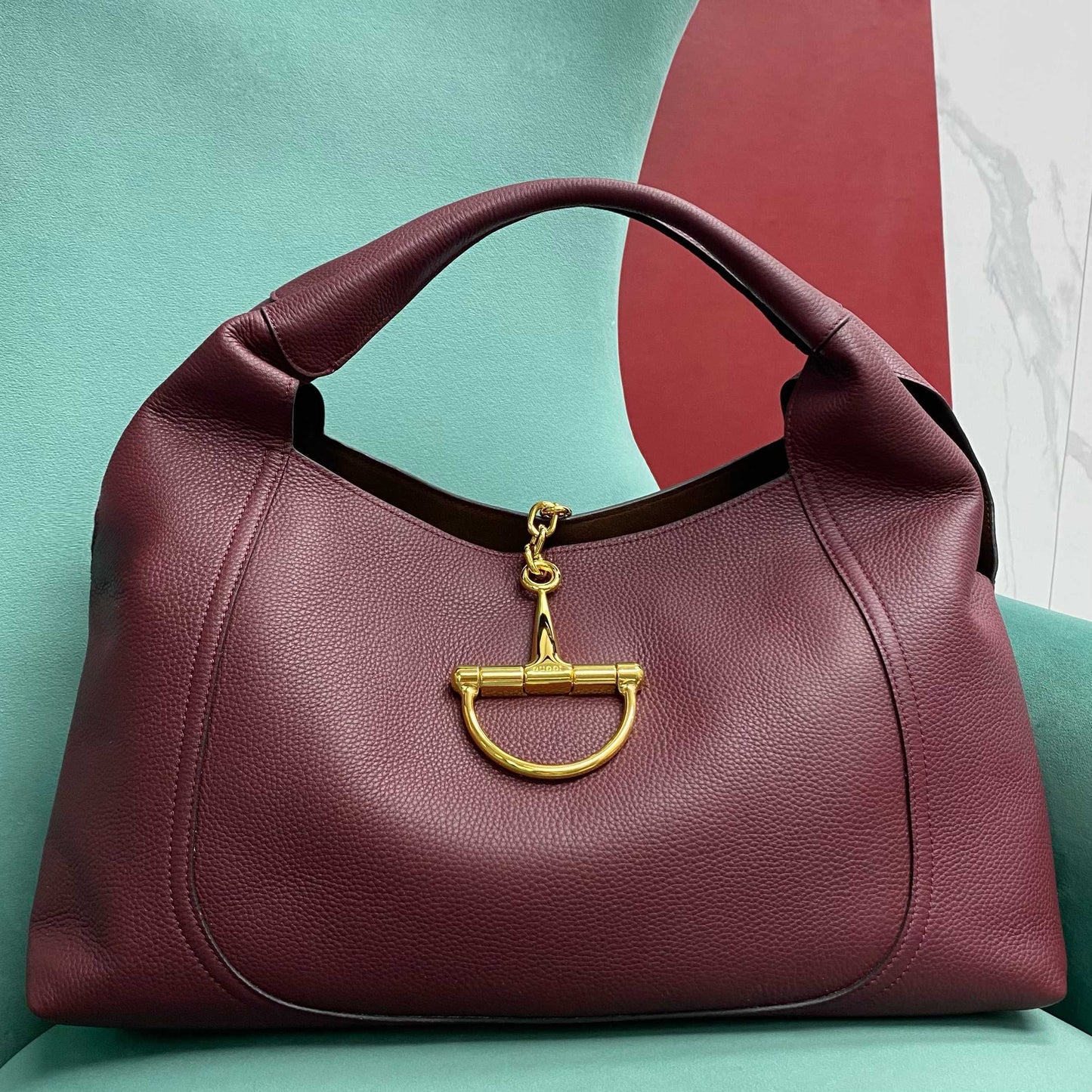 Gucci Softbit Maxi Shoulder Bag in Burgundy Grained Leather with Gold Hardware