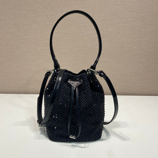 Prada Crystal-Embellished Mini Satin Bucket Bag – Black