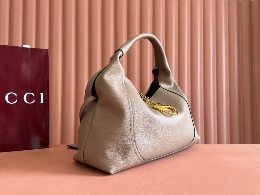 Gucci Softbit Medium Top Handle Bag in Beige Grained Leather with Gold Hardware