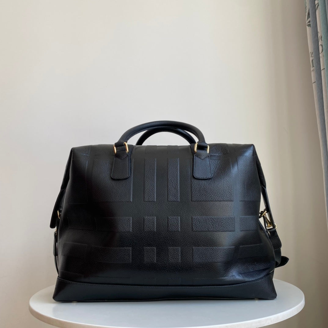 Burberry Black Leather Boston Bag with Check-Embossed Pattern