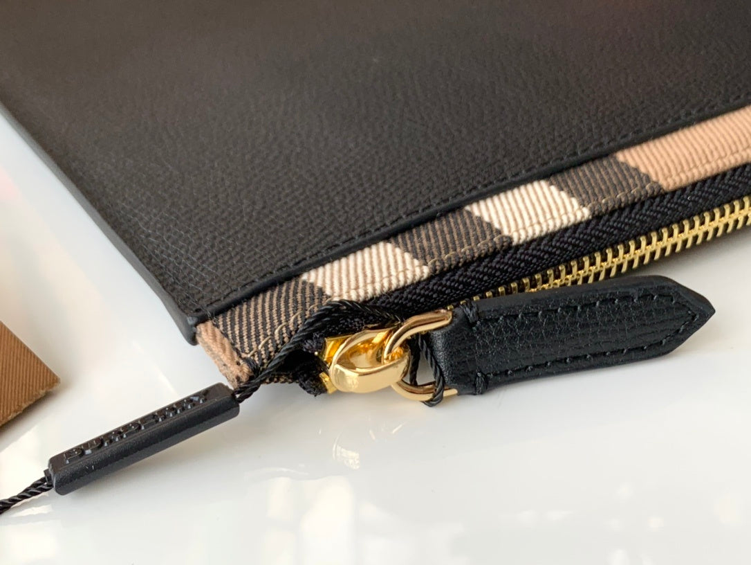 Burberry Black Leather Clutch Bag with Vintage Check Trim