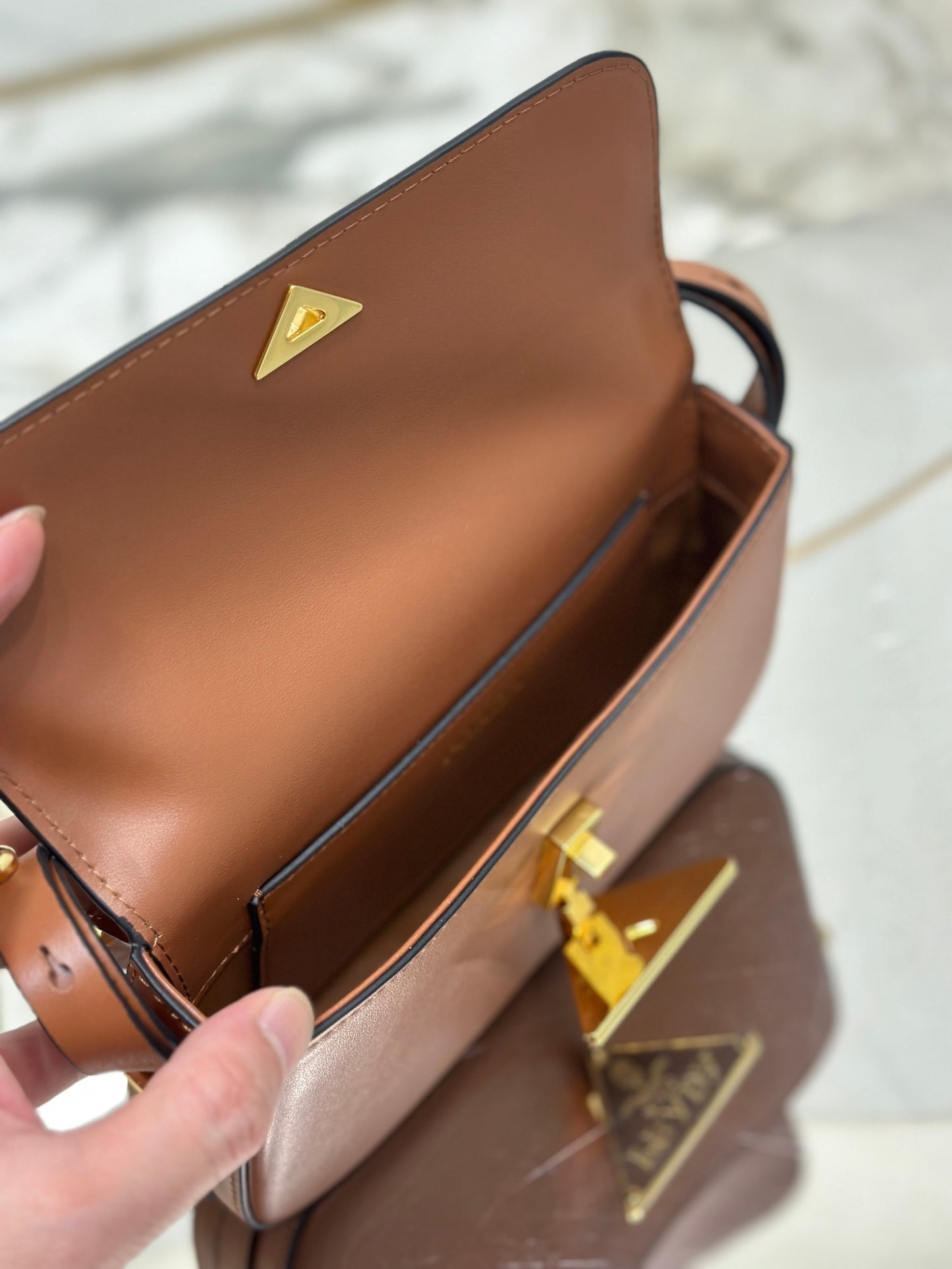 Prada Soft Calfskin Flap Shoulder Bag – Cognac with Metal Triangle Logo