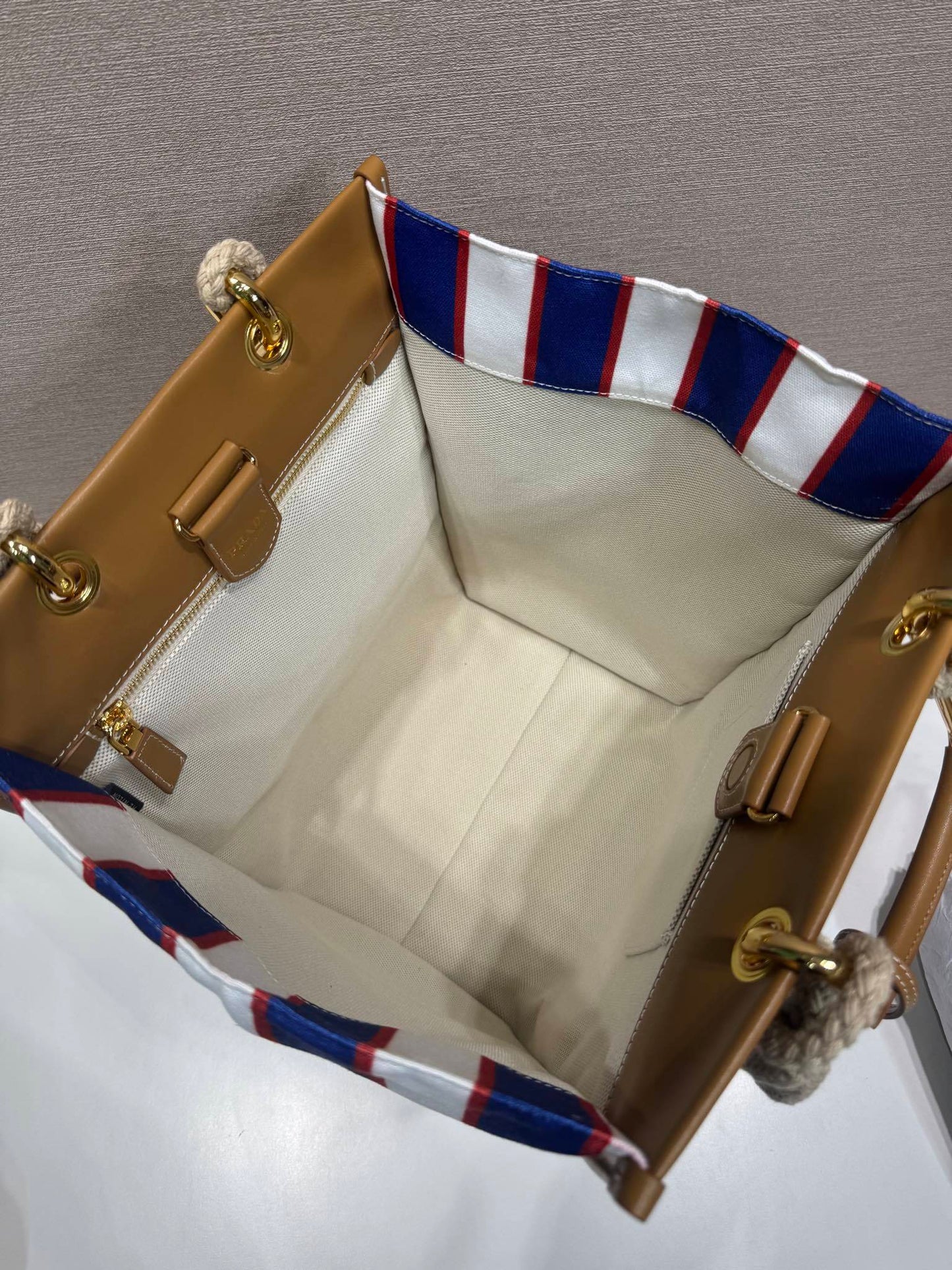 Prada Large Printed Canvas and Leather Tote Bag with Stripe Motif