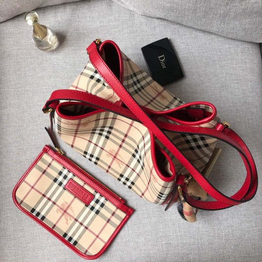 Burberry Canterbury Tote Haymarket Check Canvas & Red Leather Bag