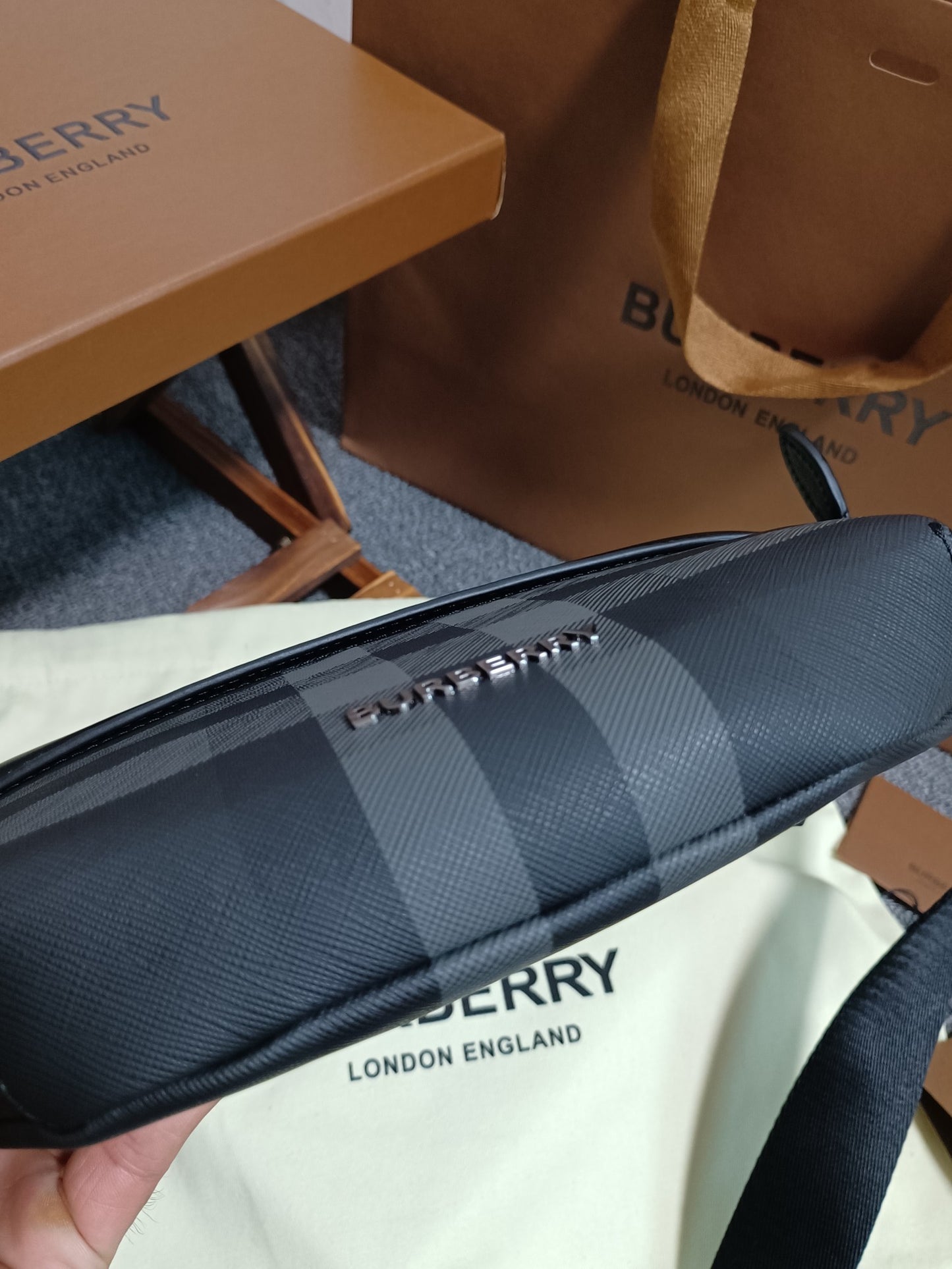 Burberry Sonny Belt Bag in Black Charcoal Check Canvas with Leather Trim