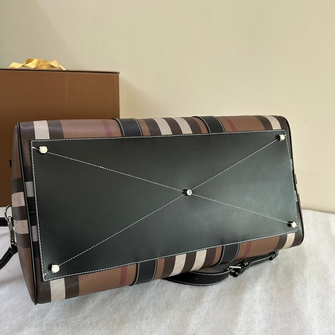 Burberry Boston Duffle Bag Iconic Check Canvas with Leather Luggage Tag