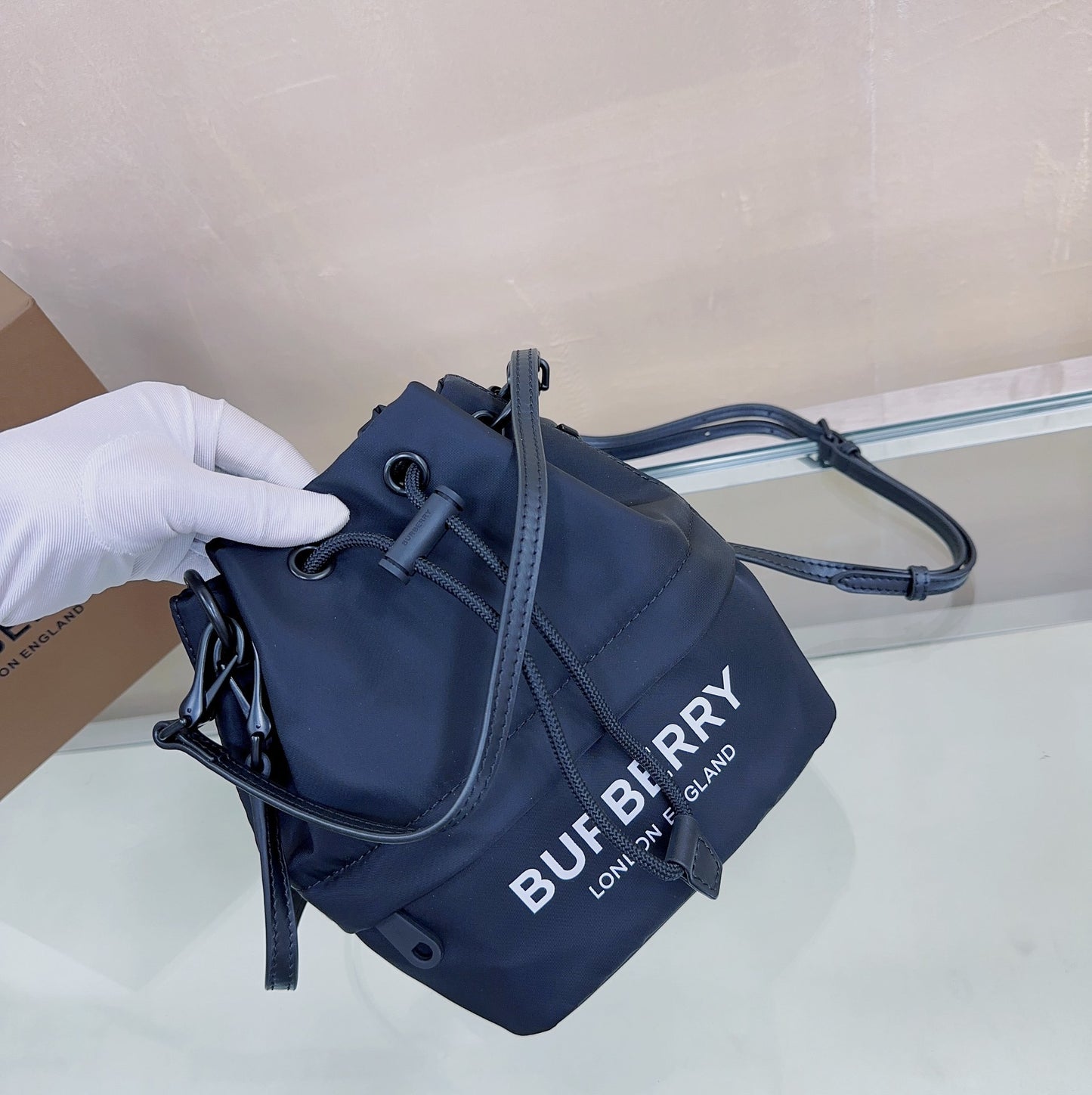 Burberry Phoebe Bucket Bag in Black Technical Nylon with White Logo Print