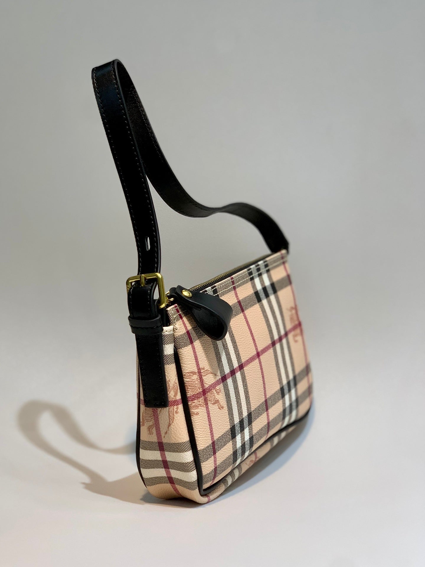 Burberry Nova Check Shoulder Bag Beige Coated Canvas with Black Leather Strap