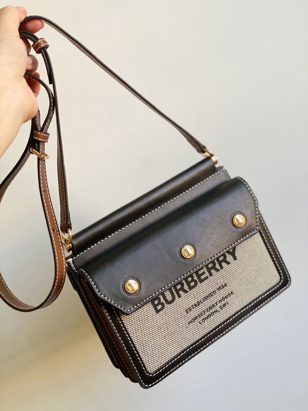 Burberry Mini Title Bag in Horseferry Print Canvas & Malt Brown Leather