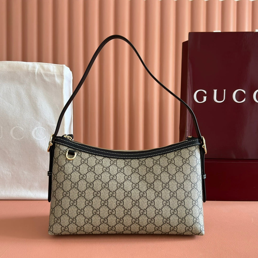 Gucci GG Emblem Medium Shoulder Bag in Beige & Dark Brown Fabric with Leather Trim