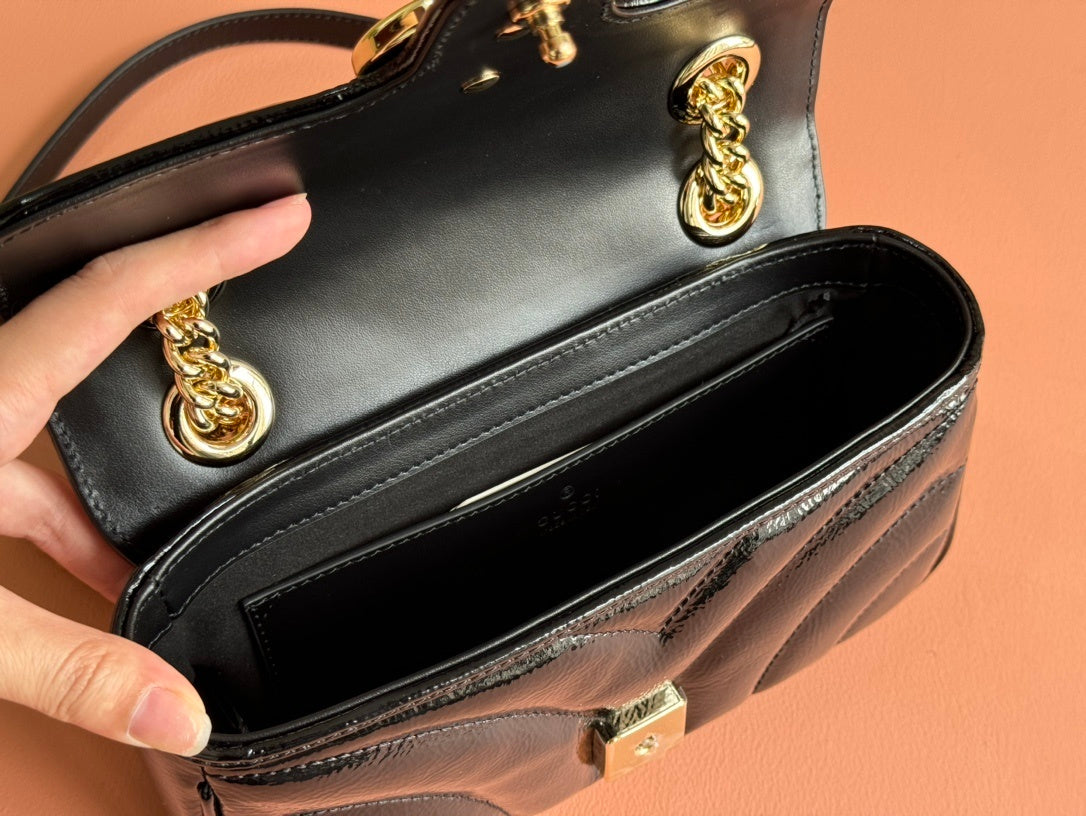 Gucci GG Marmont Small Shoulder Bag in Black Patent Leather