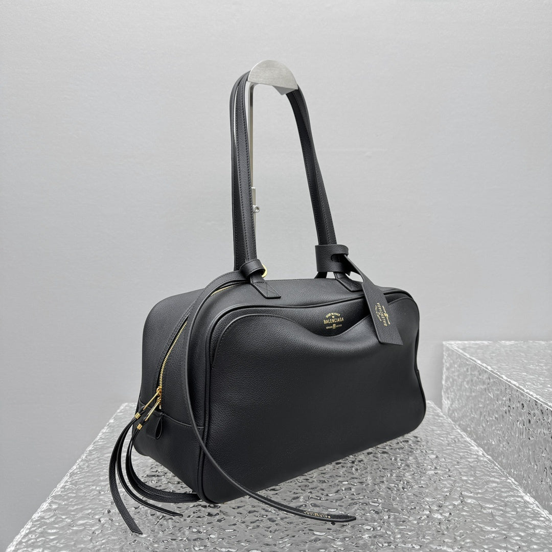 Balenciaga Carrie Medium Black Leather Bowling Bag