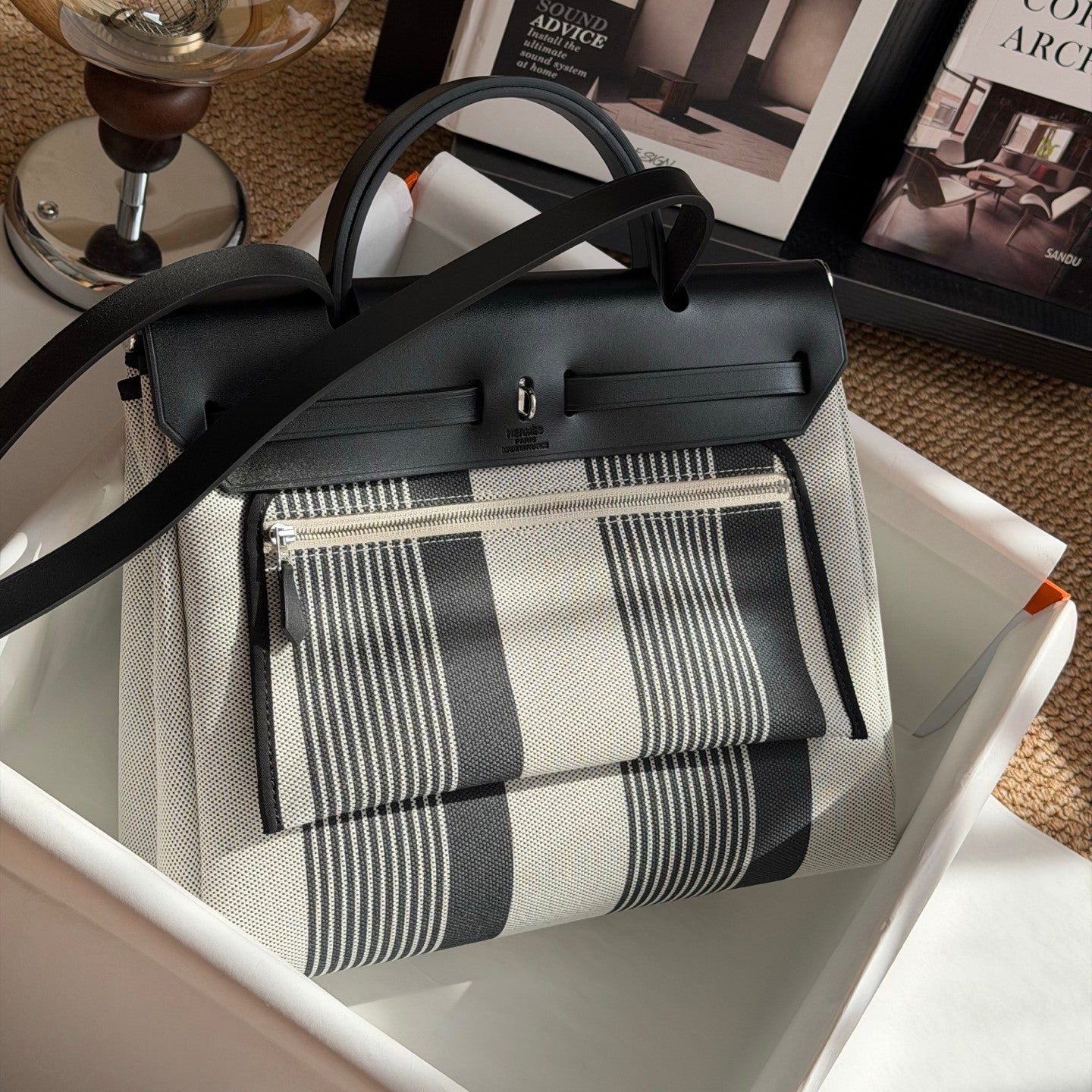 Hermès Herbag Zip 31 Striped Canvas Black Leather