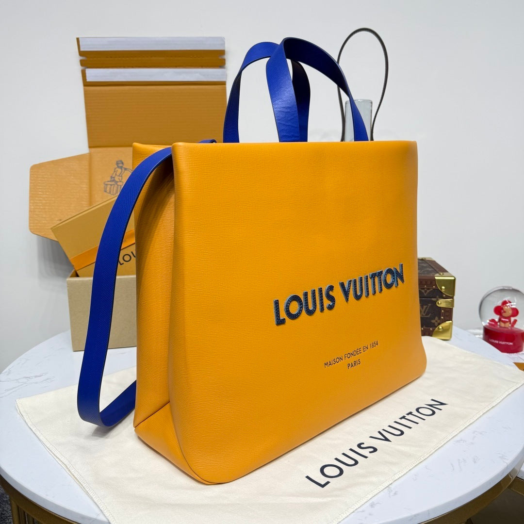 Louis Vuitton Shopper Tote MM – Saffron Cowhide Leather with Blue Shoulder Strap