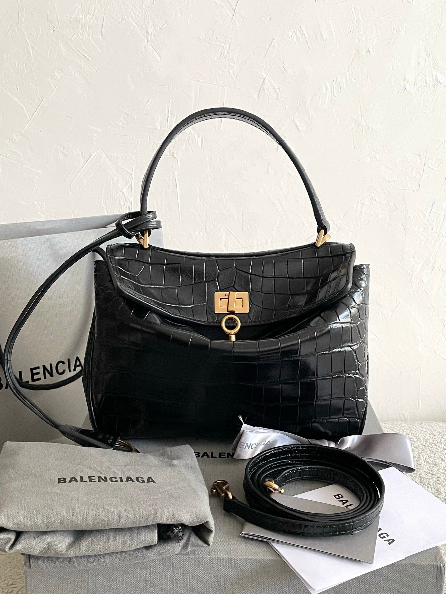 Balenciaga Rodeo Crocodile-Embossed Black Leather Handbag
