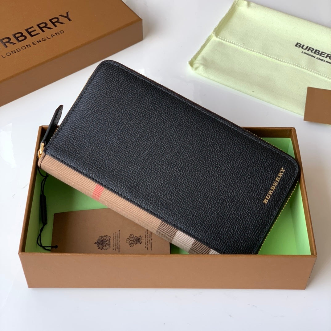 Burberry Logo Leather Continental Wallet in Black Calfskin with Check Side Panel