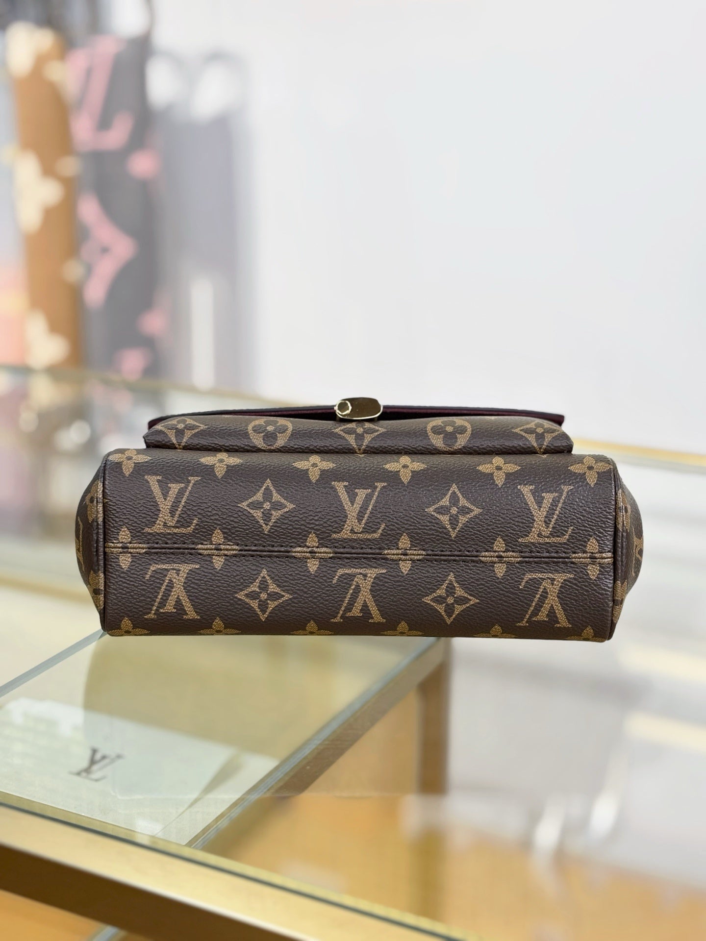 Louis Vuitton Saint Germain BB Bag in Monogram Canvas with Red Leather Trim & Gold Chain Padlock