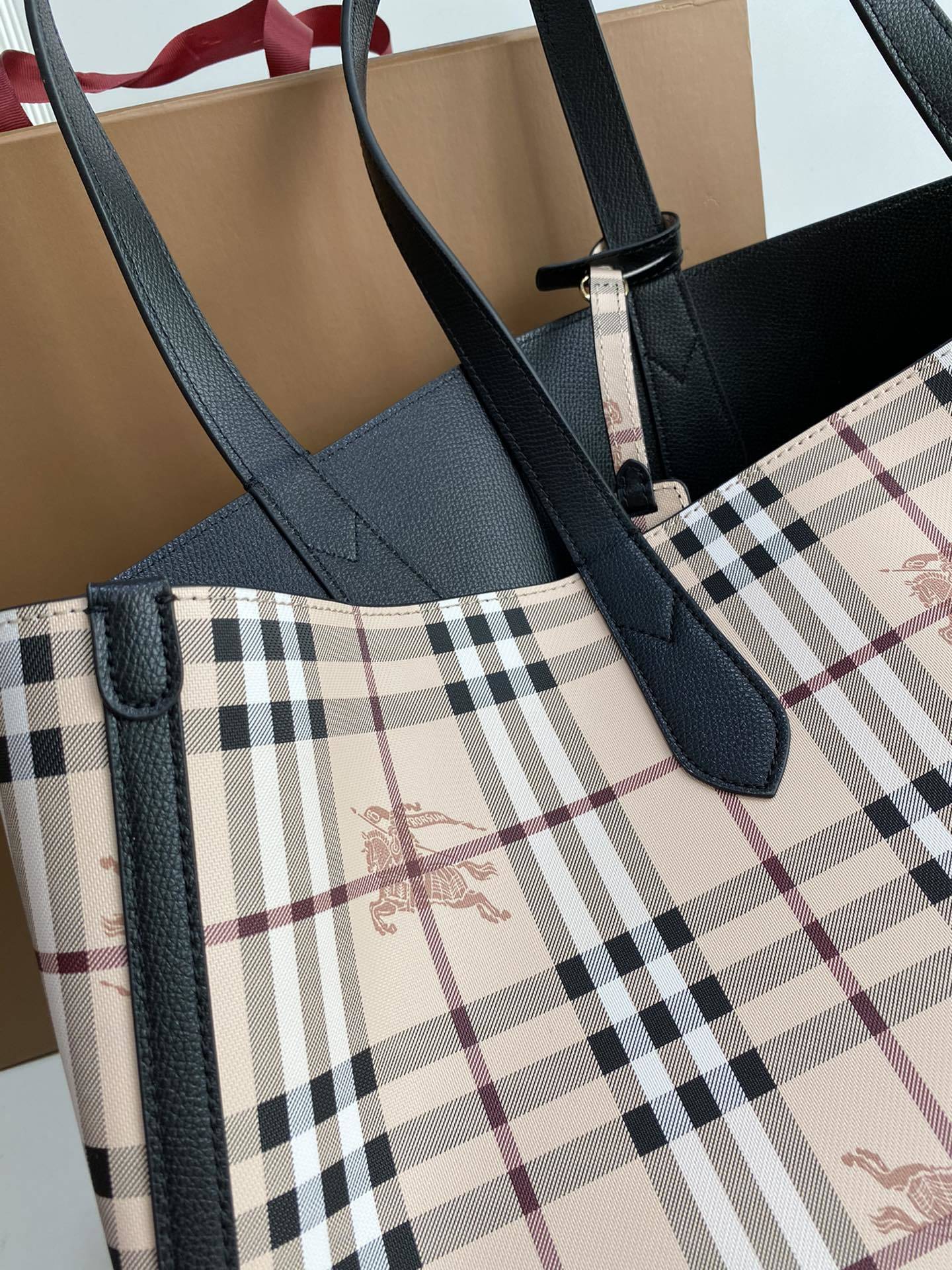 Burberry Reversible Haymarket Check Tote Bag with Black Leather Straps