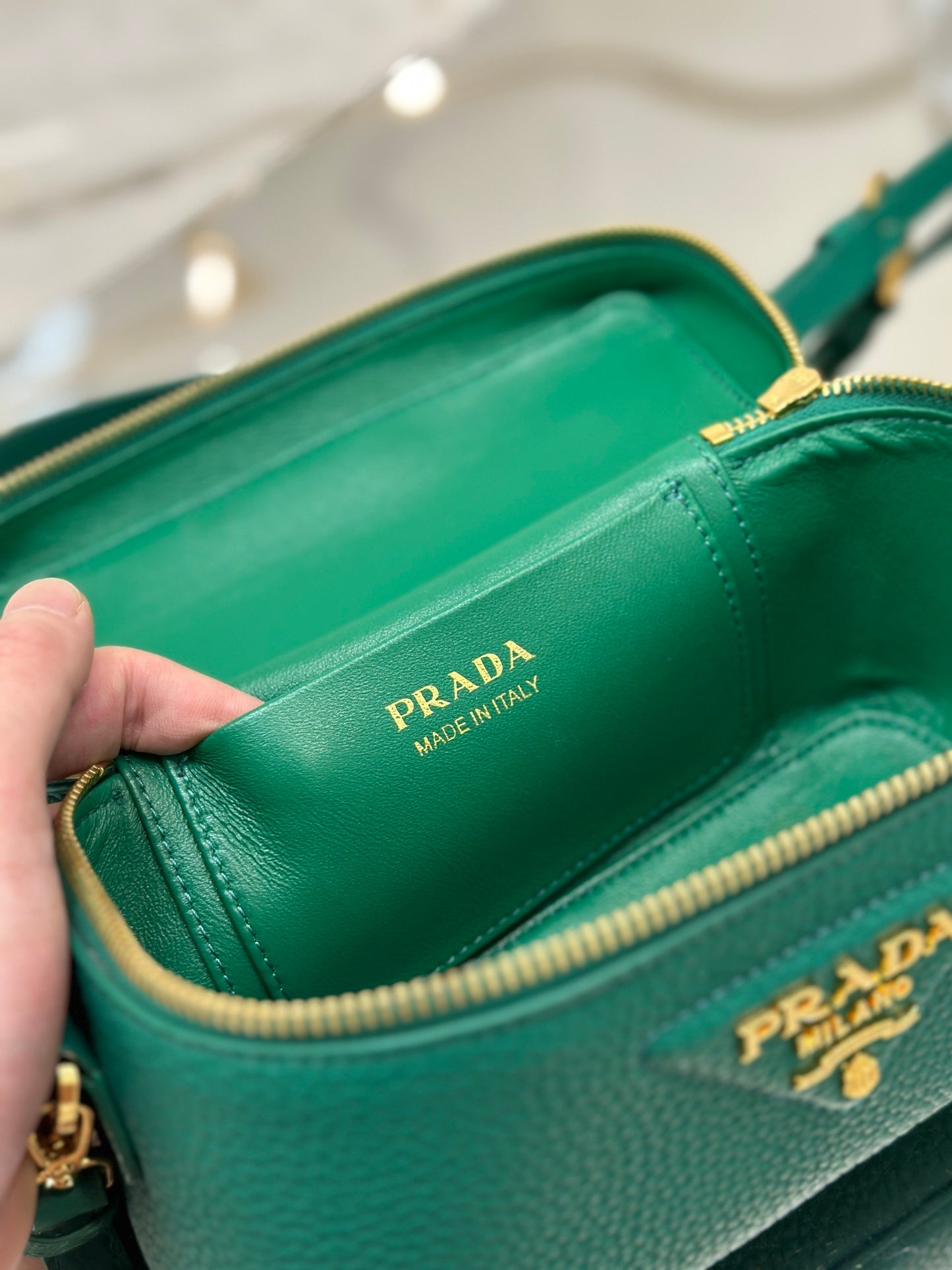 Prada Convertible Top Handle Vanity Shoulder Bag in Green Leather – Elegant Designer Bag