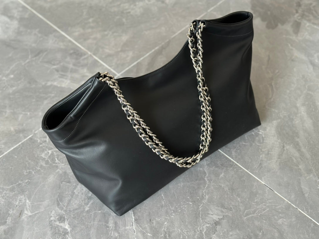 Prada Black Soft Calf Leather Chain Tote Bag
