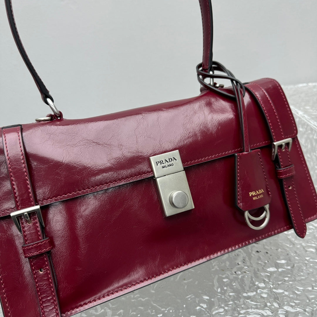 Prada Bonnie Medium Leather Handbag in Red / Burgundy