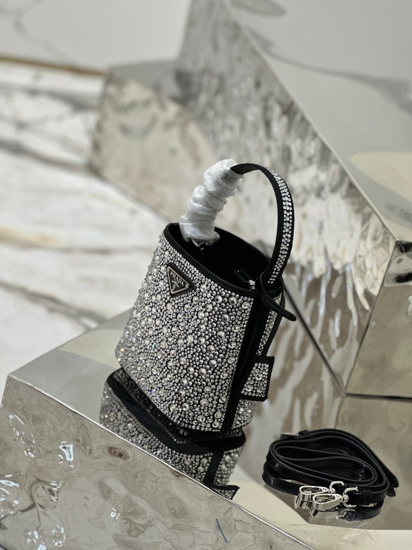Prada Panier Crystal-Embellished Bucket Bag with Triangle Logo