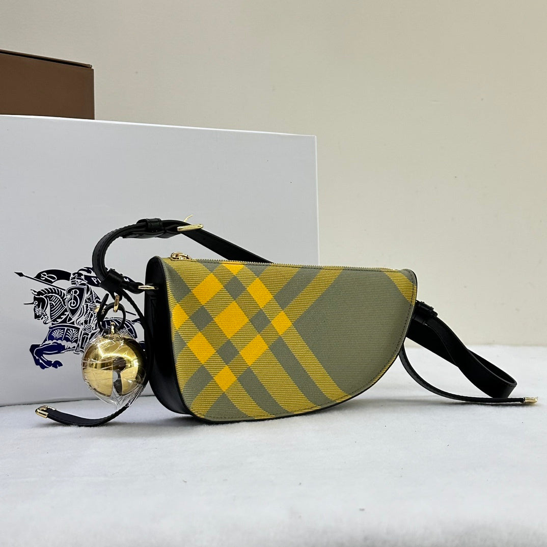 Burberry Sling Shield Yellow Check Shoulder Bag with Gold Bell Charm