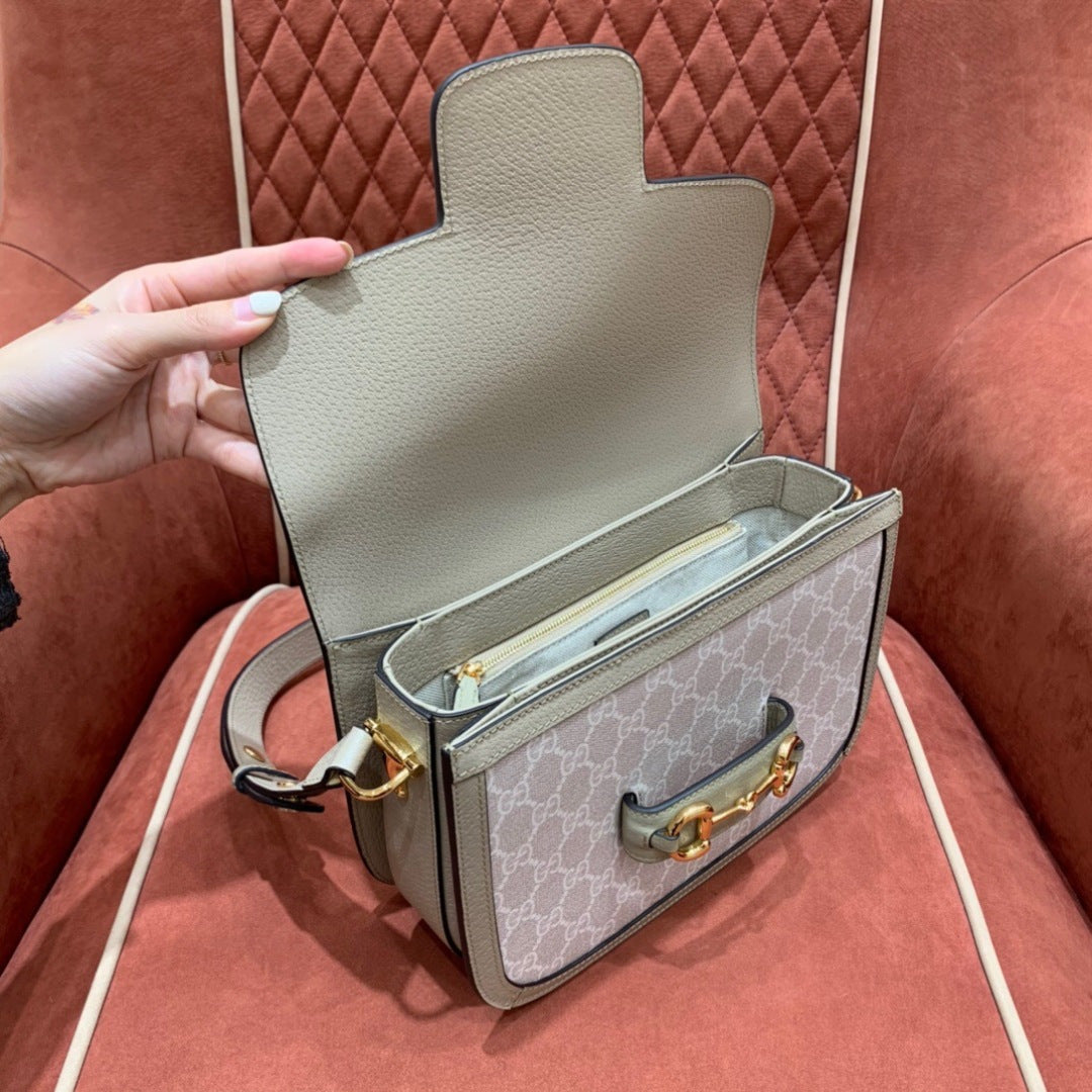 Gucci Horsebit 1955 Small Shoulder Bag in Beige & White GG Supreme Canvas