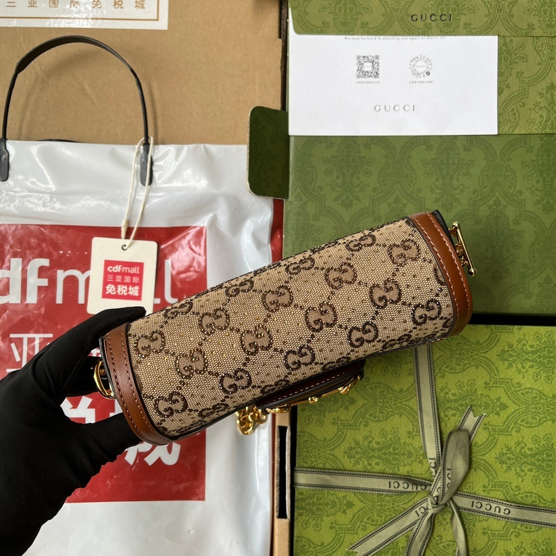 Gucci Horsebit 1955 Mini Shoulder Bag in Beige & Brown GG Supreme Canvas