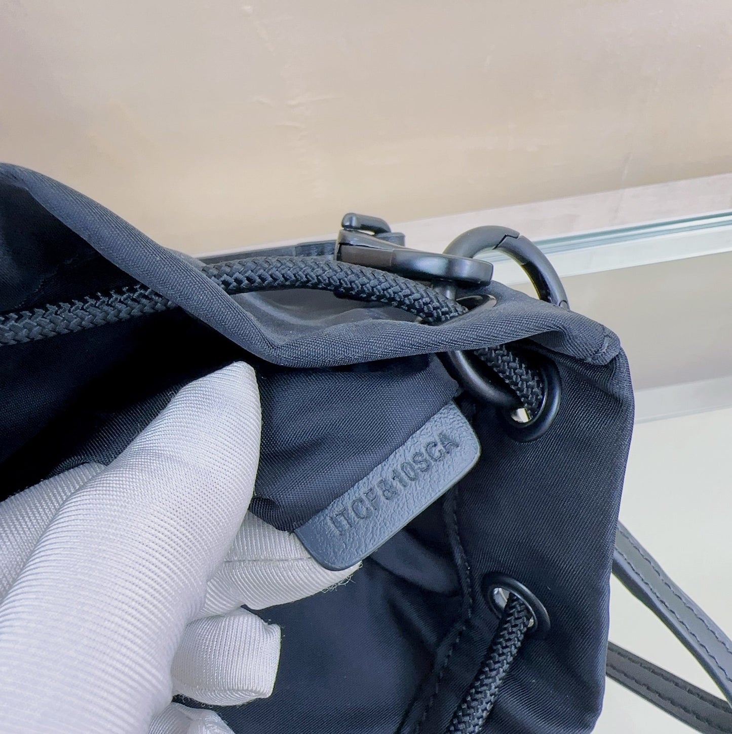 Burberry Phoebe Bucket Bag in Black Technical Nylon with White Logo Print