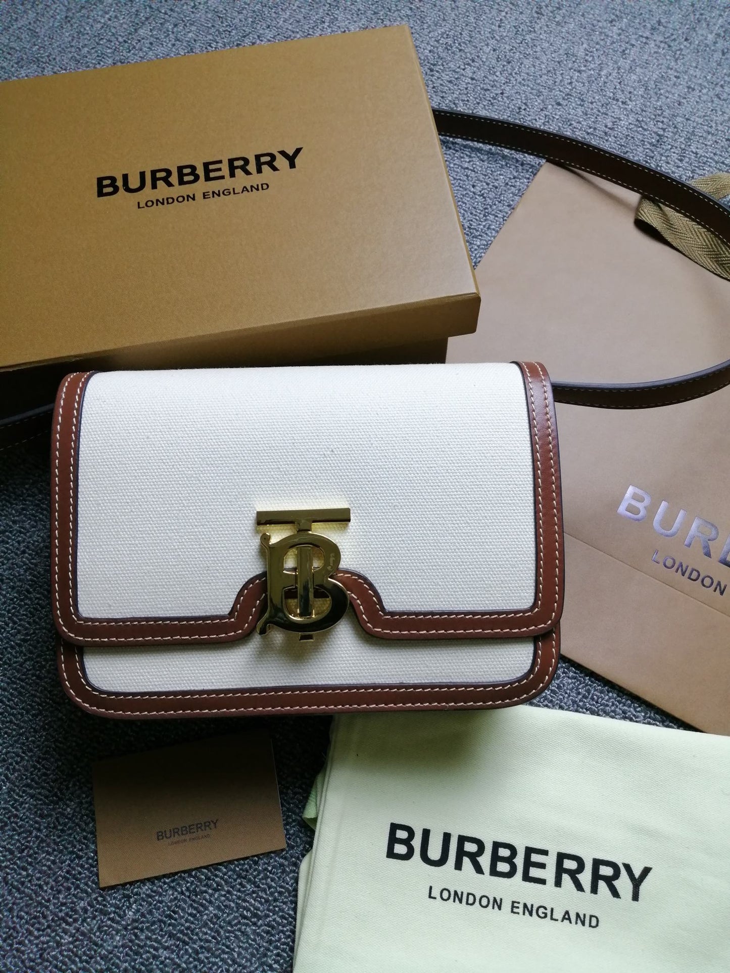 Burberry Small Two-Tone Canvas & Leather TB Bag with Gold Monogram Clasp