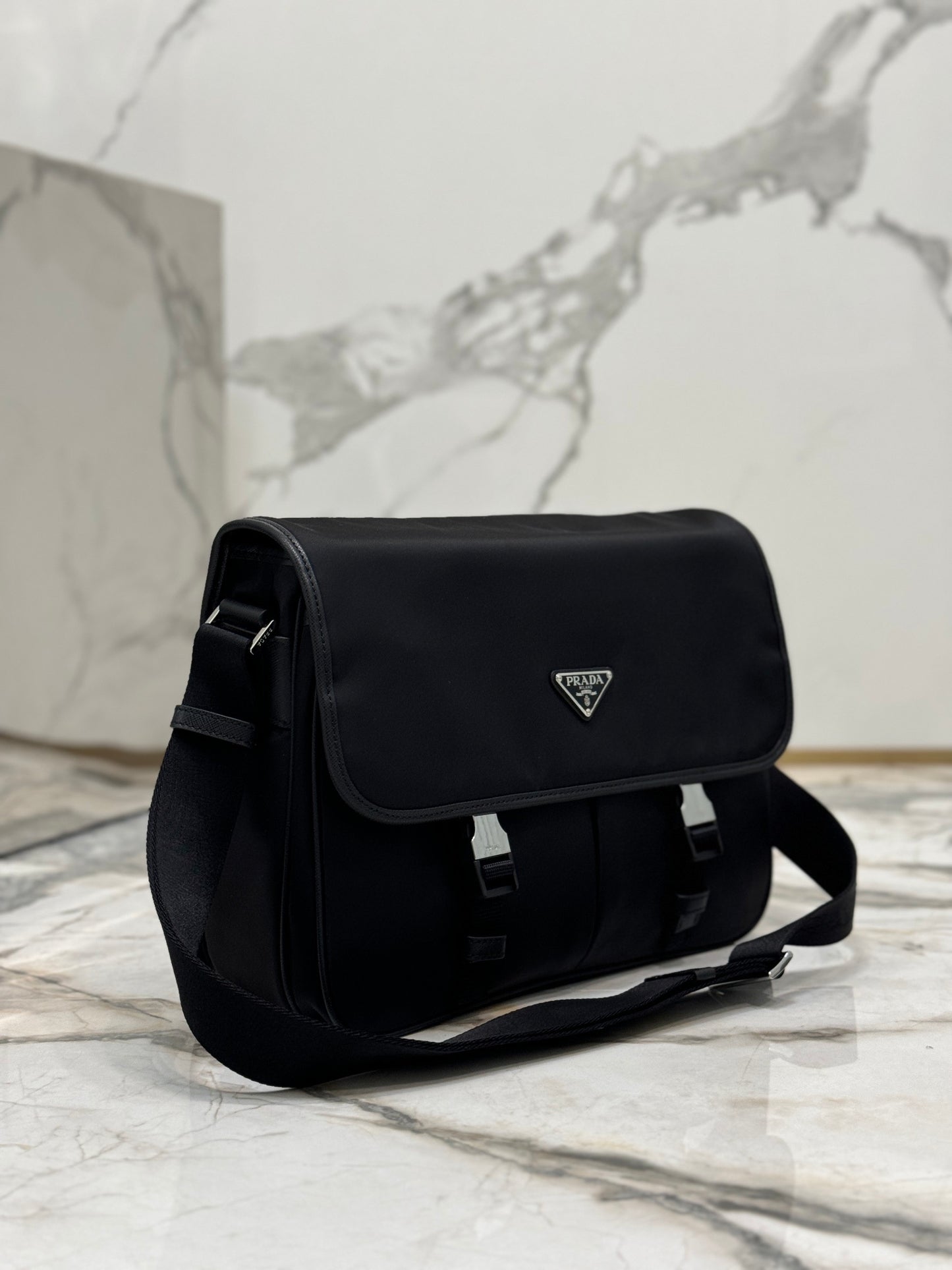 Prada Re-Nylon & Saffiano Leather Shoulder Bag – Black with Triangle Logo
