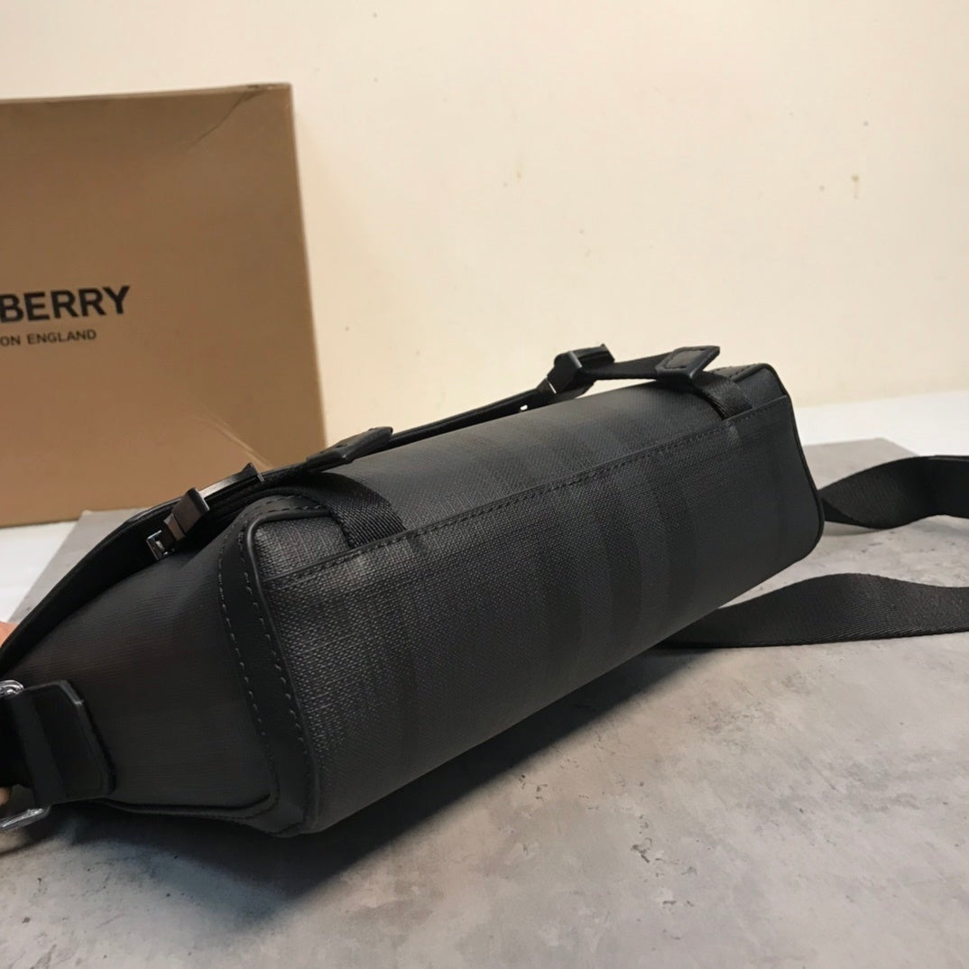 Burberry Black Charcoal Check Messenger Bag with Leather Trim