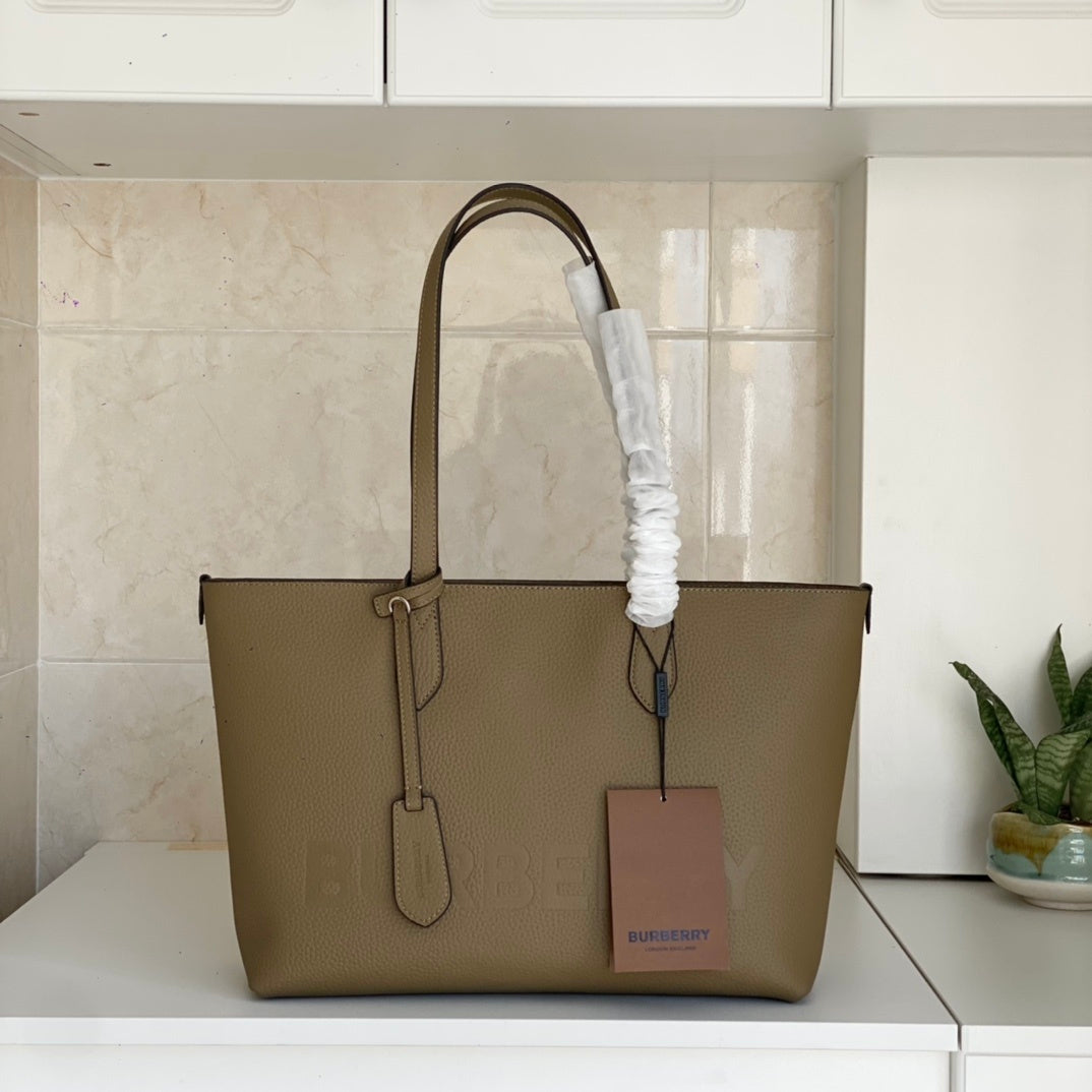 Burberry Tan Leather Tote Bag with Embossed Logo