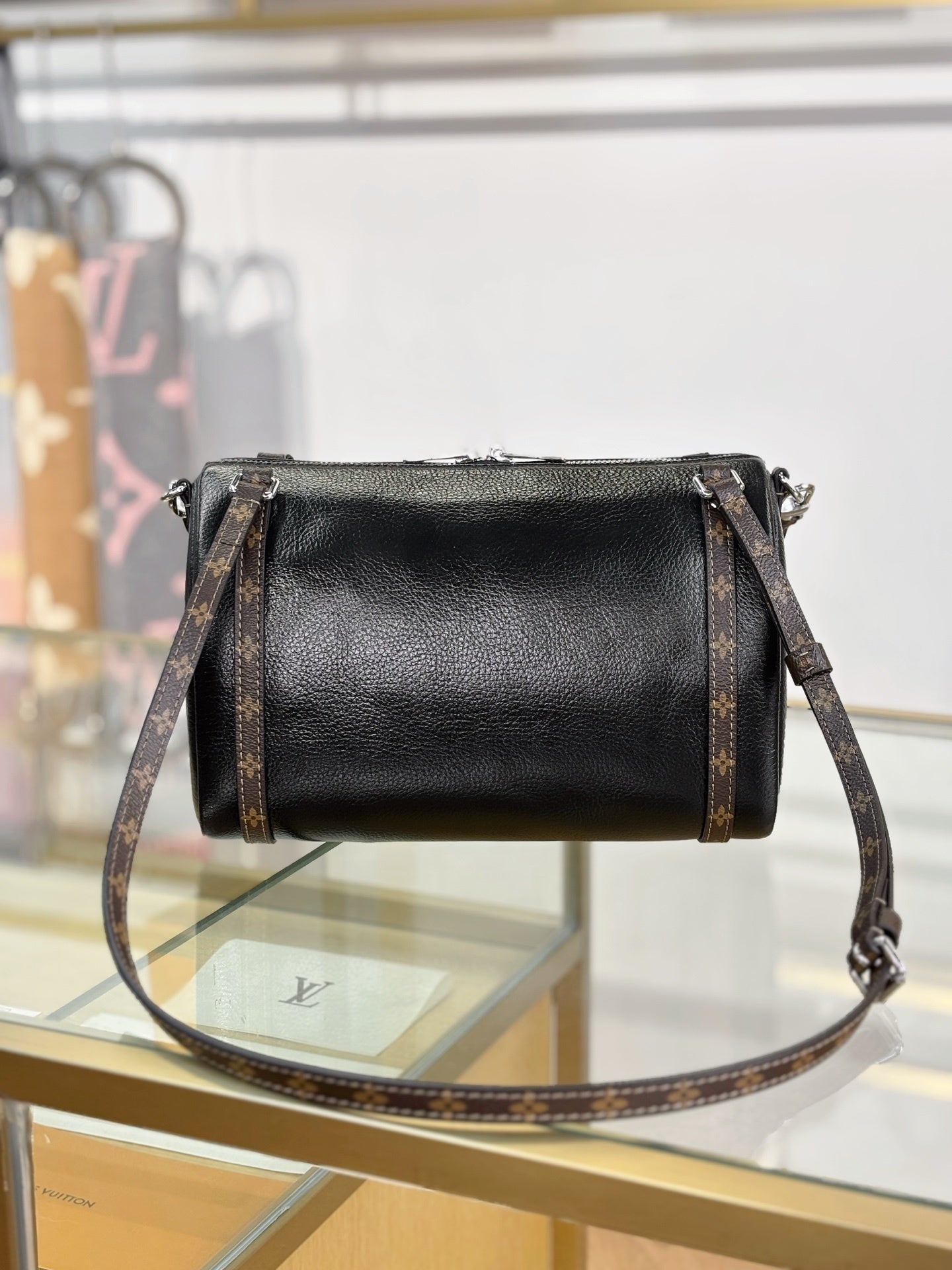 Louis Vuitton Express PM Handbag in Black Calfskin with Monogram Canvas Trim