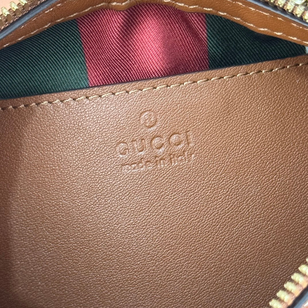 Gucci GG Emblem Small Shoulder Bag in Beige & Dark Brown Monogram with Brown Leather Trim