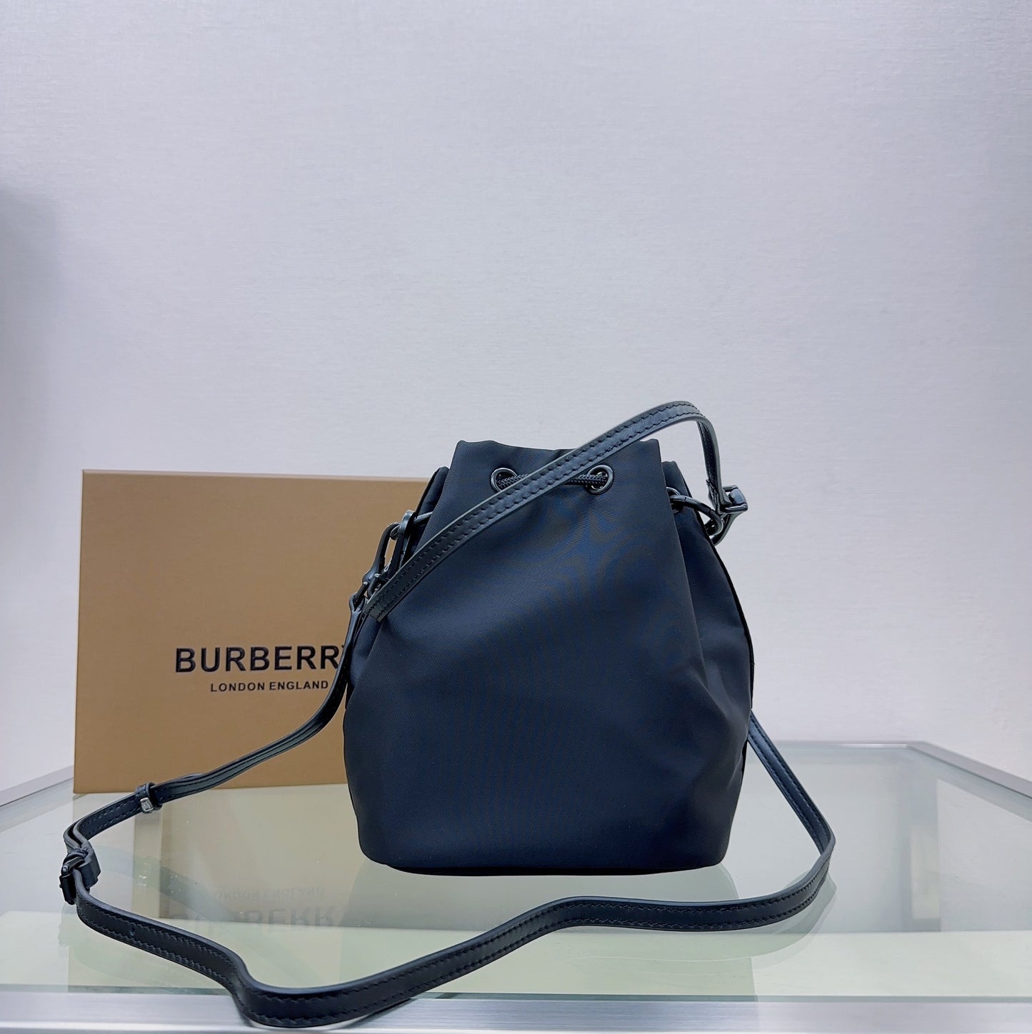 Burberry Phoebe Bucket Bag in Black Technical Nylon with White Logo Print