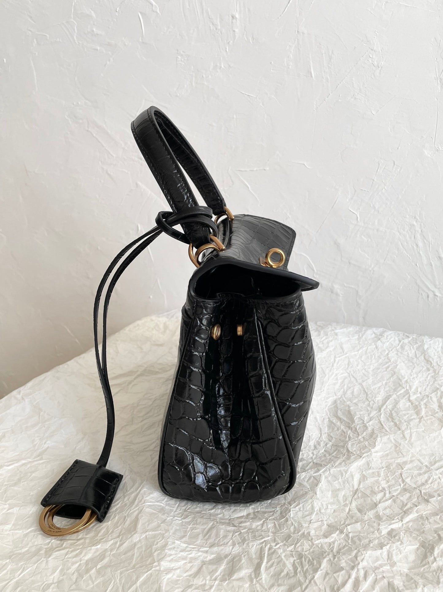 Balenciaga Rodeo Crocodile-Embossed Black Leather Handbag