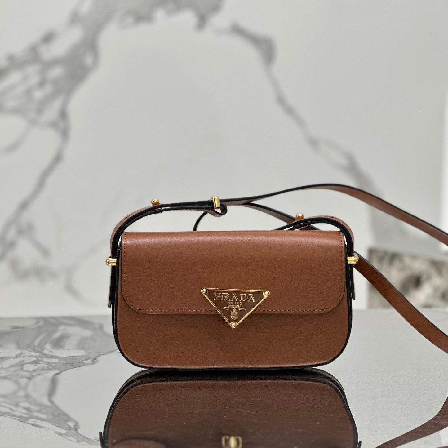 Prada Soft Calfskin Flap Shoulder Bag – Cognac with Metal Triangle Logo