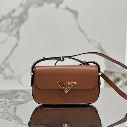 Prada Soft Calfskin Flap Shoulder Bag – Cognac with Metal Triangle Logo