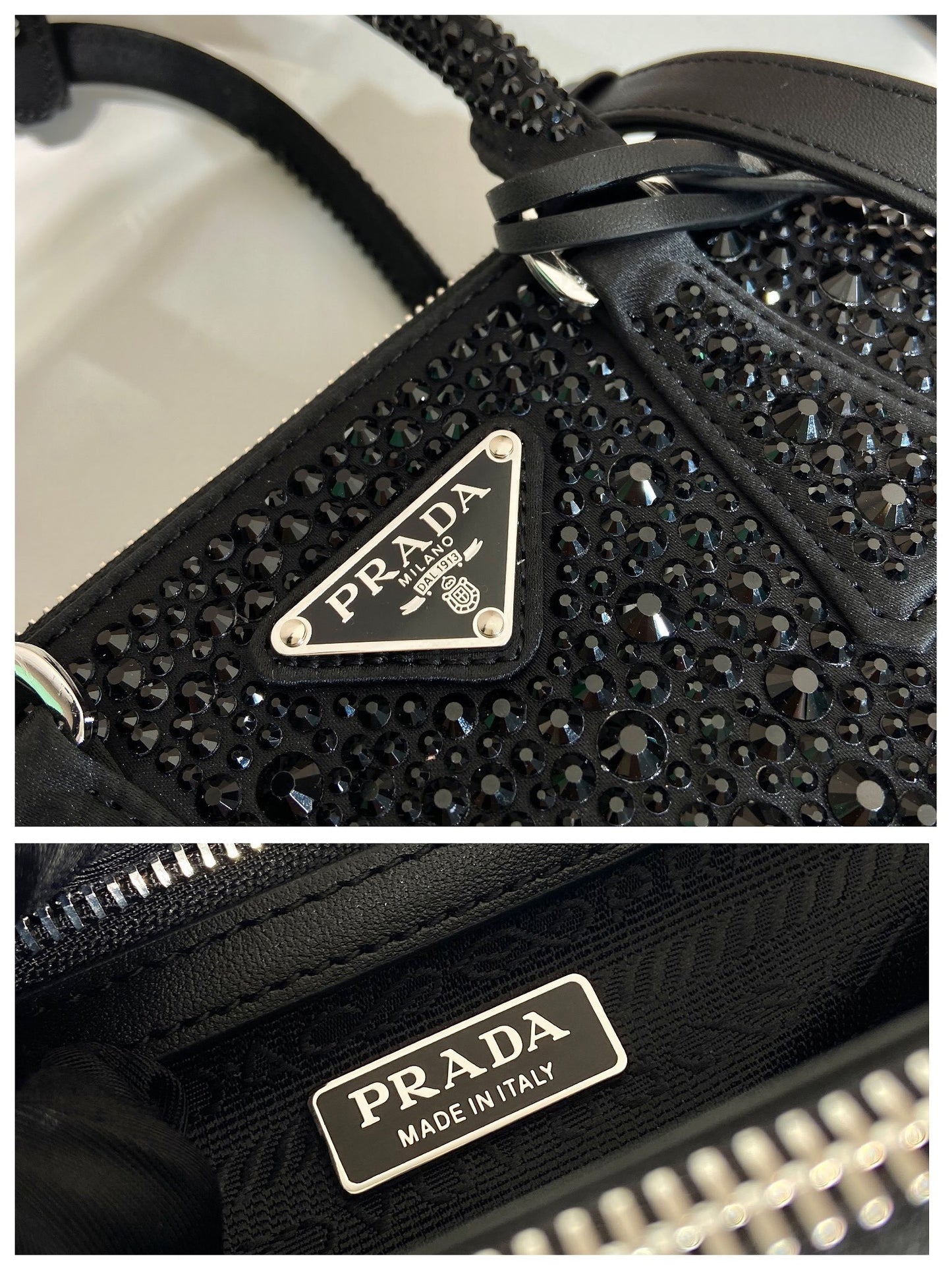 Prada Galleria Mini Satin Bag – Black with Crystals