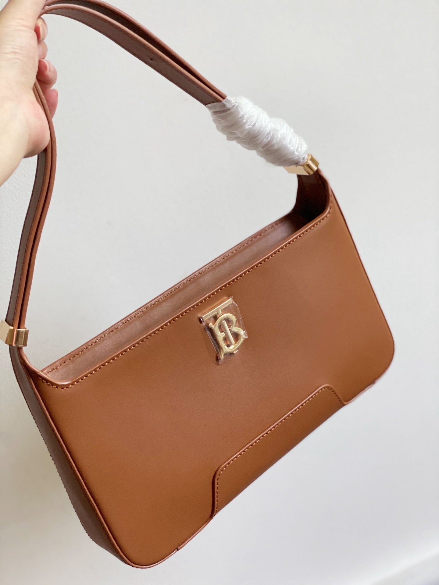 Burberry TB Brown Leather Shoulder Bag with Gold Monogram Logo
