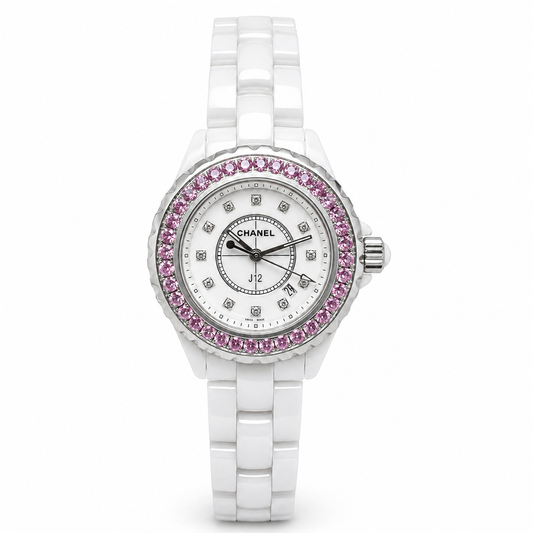 Chanel J12 33mm H2010 White Ceramic Watch with Pink Sapphire Bezel