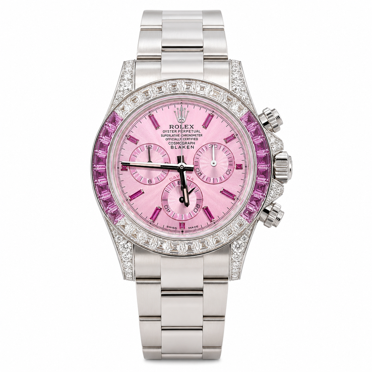 Blaken-Modified Rolex Cosmograph Daytona with Pink Sunburst Dial & Pink Sapphire Bezel