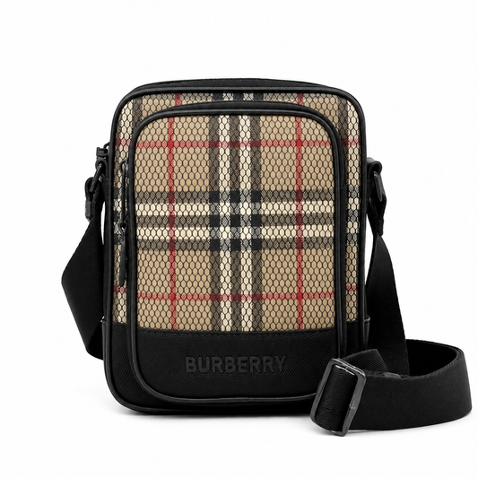 Burberry Freddie Crossbody Bag in Archival Beige Check with Black Mesh Overlay
