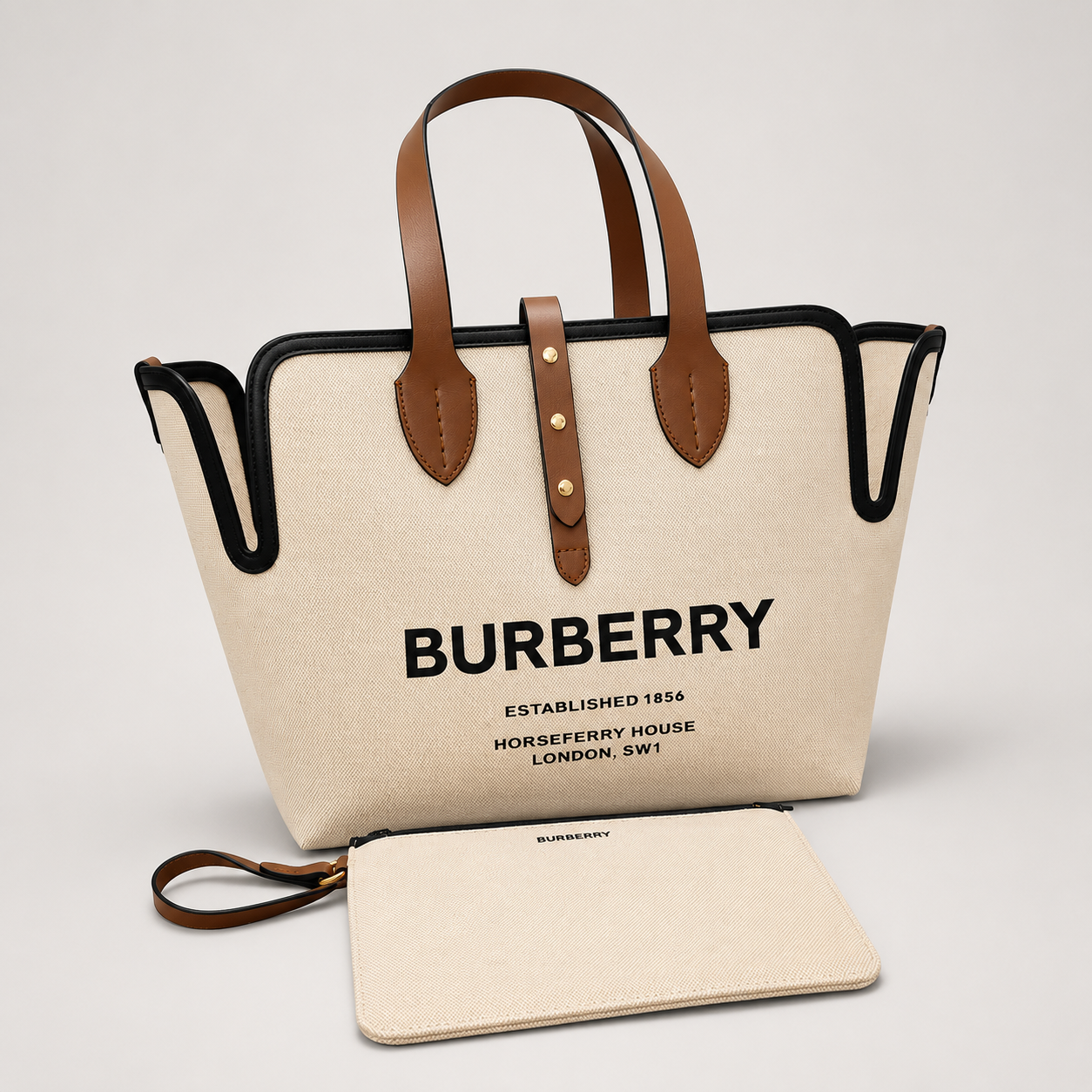 Burberry Horseferry Canvas Tote Bag with Brown Leather Handles