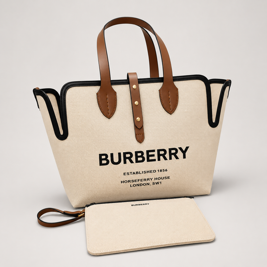 Burberry Horseferry Canvas Tote Bag with Brown Leather Handles